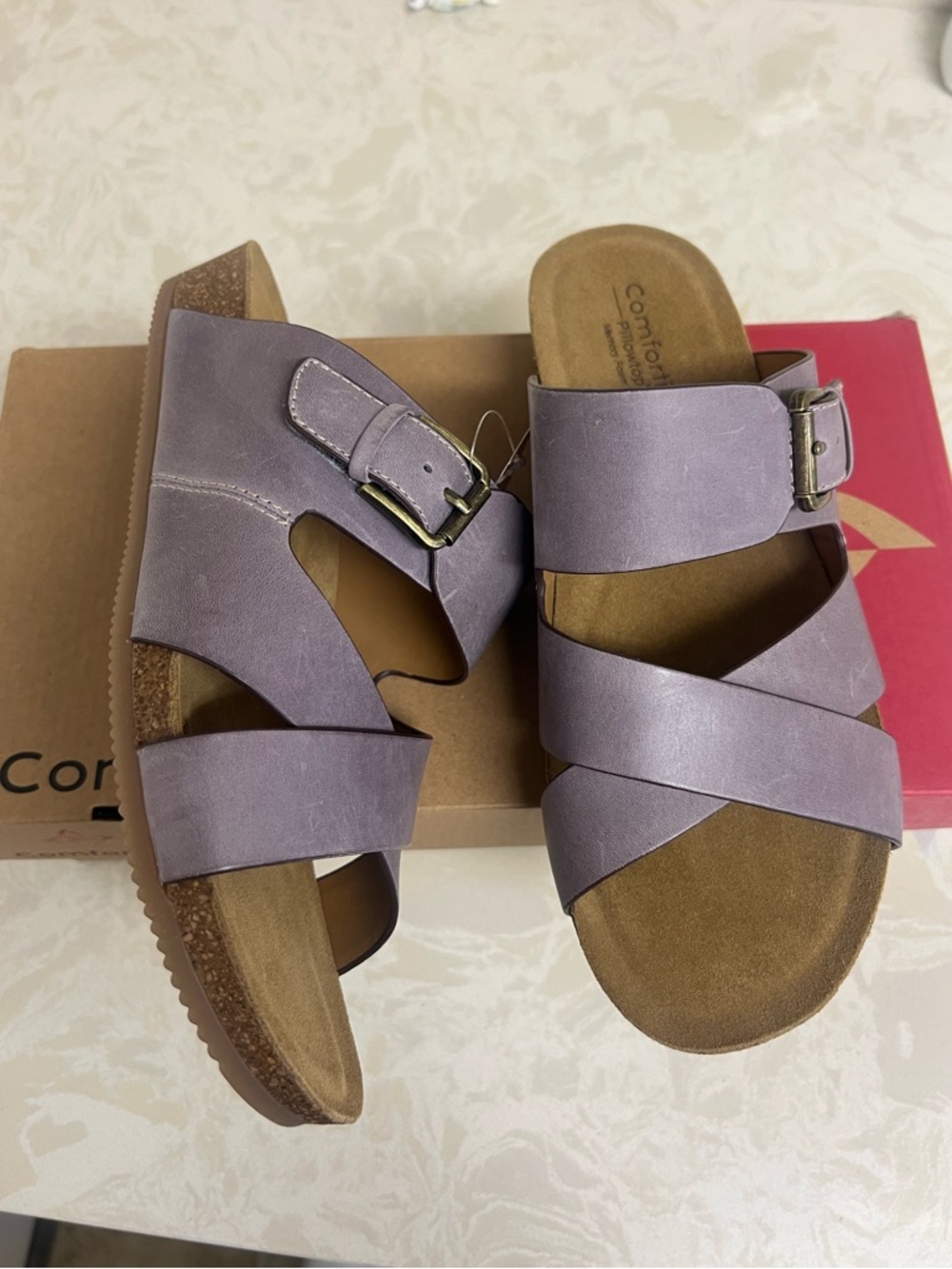 Comfortiva Leather Gervaise Comfort Slide Sandal in Soft Lavender